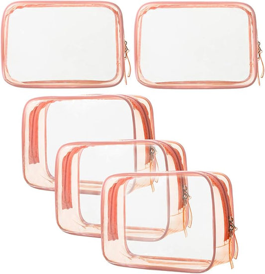 5 Pack Clear Plastic Zippered Toiletry Carry Pouch TSA Approved Toiletry Bag Portable Cosmetic Makeup Bag for Vacation, Bathroom and Organizing (Pink, Small)