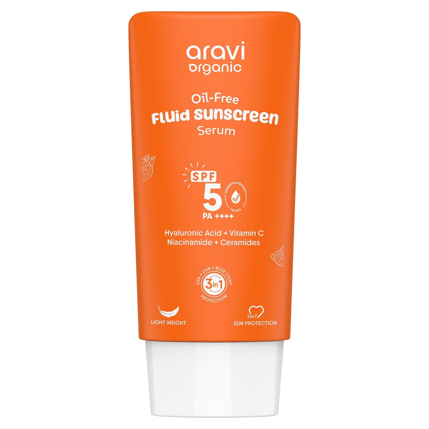Aravi Organic Oil-Free Fluid Sunscreen Serum SPF 50 PA ++++ with Hyaluronic Acid, Vitamin C, Niacinamide & Ceramides | Lightweight, Non-Greasy, Chemical-Free | Protects from Sunburn & Tanning | 50ml