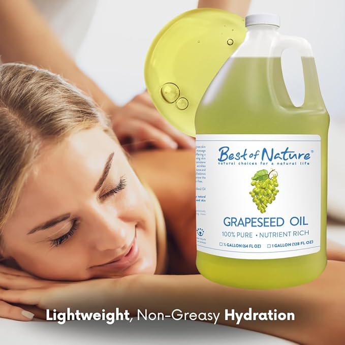 Best of Nature 100% Pure Grapeseed Oil - Unscented, Lightweight, Non-Greasy Moisturizer for Hair, Skin, Face & Aromatherapy, Carrier Oil for Essential Oils, Gallon (128 fl oz)