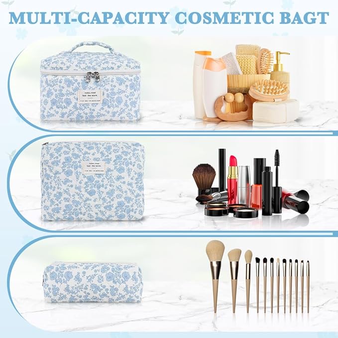 3Pcs Cotton Quilted Makeup Bag Set,Large Floral Cosmetic Bag，Aesthetic Toiletry Travel Makeup Bag Set and Cute Flower Bag for Women Girls (Blue White Flower)