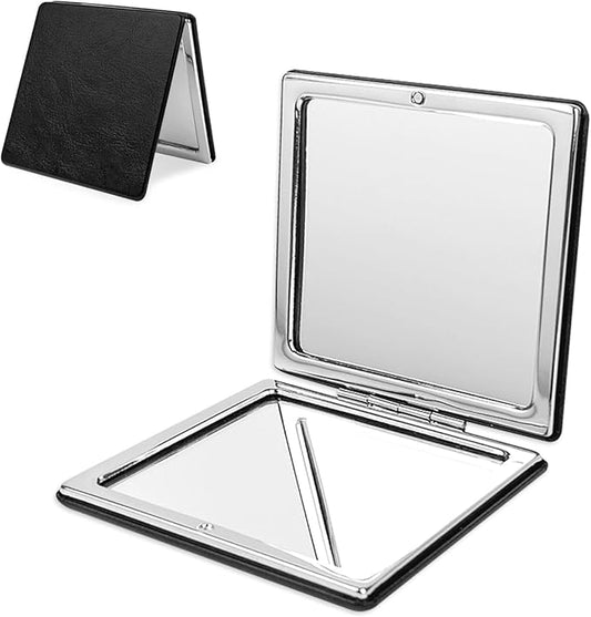 1X/2X Compact Mirror with PU Leather, Magnifying Folding Pocket Makeup Mirror for Purses and Travel