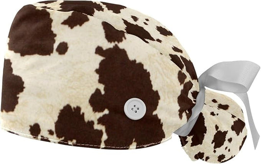 2 PCS Bouffant Cap with Button Ponytail Pouch Working Cap Sweatband Adjustable Surgical Cap Black and White Cow