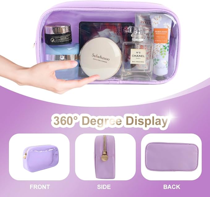 Medium Preppy Transparent Makeup Pouch Women Travel Clear TPU and Nylon Cosmetic Pouch (Medium, Purple)