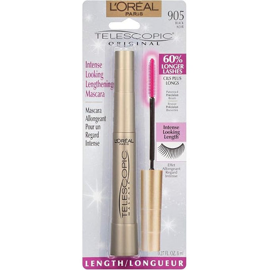 L'Oreal Paris Makeup Telescopic Original Lengthening, Lash Separating Mascara with Dual Precision Brush, Washable, Blackest Black, 0.27 Fl Oz., 2 Count
