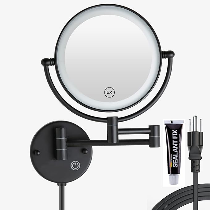 8" Brass Wall Mounted Lighted Makeup Vanity Mirror with Magnification, 1X/5X Double Sided Bathroom Magnifying Mirrorwith with Dimmable LED Lights, Matt Black, Plug Powered