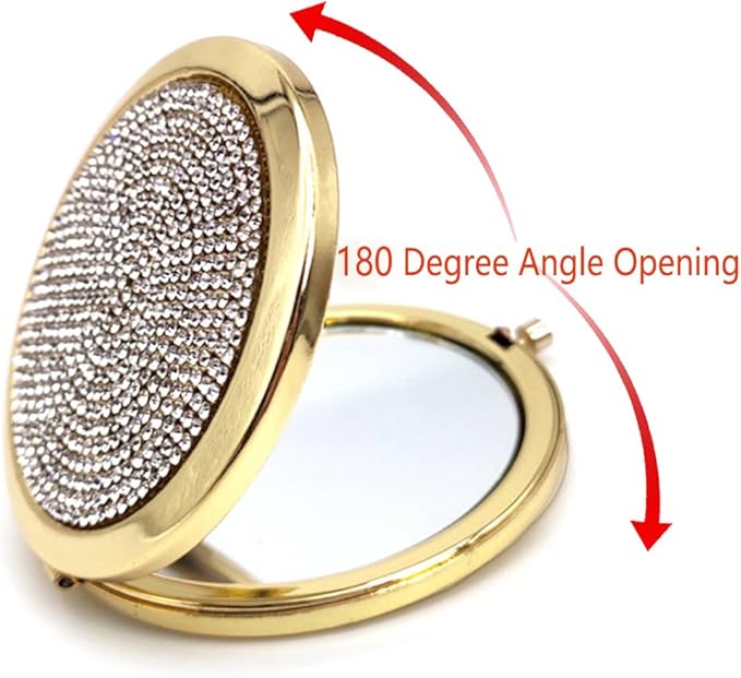2pcs Magnifying Compact Mirrors Pocket Makeup Mirror 1X 2X Folding Cosmetic Mirror Foldable Mini Round Travel Mirrors 2.75 Inch Sturdy Metal with Diamonds Gifts for Women Girls (Golden)