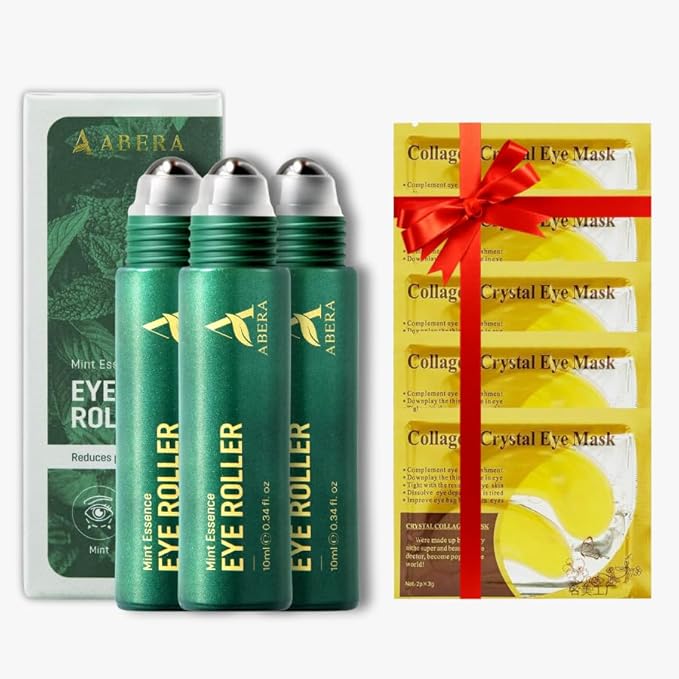 Abera Eye Roller Serum for Men – Eye Bags, Dark Circles & Puffiness Treatment – Mint Essence with Vitamin C & Peptides 0.34 fl oz (Set 3 + 5 Eyemask)