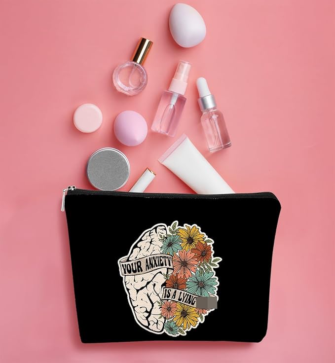 Makeup Bag,Mental Health Gifts,Motivational Gifts for Women,Your Anxiety is a Lying Mental Health Brain with Flowers Makeup Bags,Affirmations Cosmetic Bag,Travel Makeup Bag,Small Makeup Bag