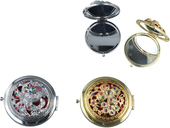 2Pcs Round Folding Pocket Mirrors for Women Girls, Vintage Hollow Floral Pattern Makeup Mirrors Portable Metal Double-Sided Foldable Cosmetic Mirror for Travel