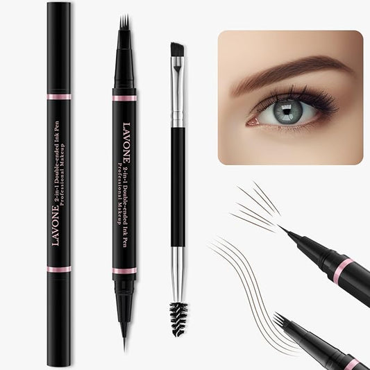LAVONE Eyebrow Pencil Makeup Kit Waterproof 2-IN-1 Microblading Pen/Pomade Eyeliner and Dual-ended Brush, Brow Pencil Kit for Natural Eyebrows, Dark Brown
