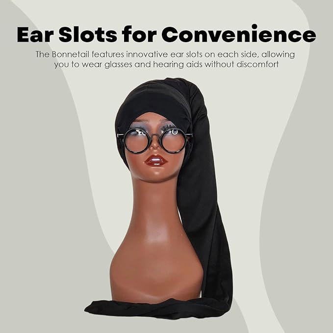 Bonnetail for Women, Long Bonnet for Ponytails, Hair Care, Bonnetail for Sleeping with Ear Slots
