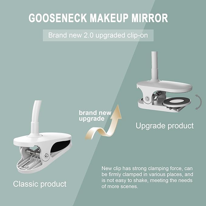 6.5" Clip On Gooseneck Makeup Vanity Mirror With Light, 2000mAh USB Lighted Travel Mirror, White 1X