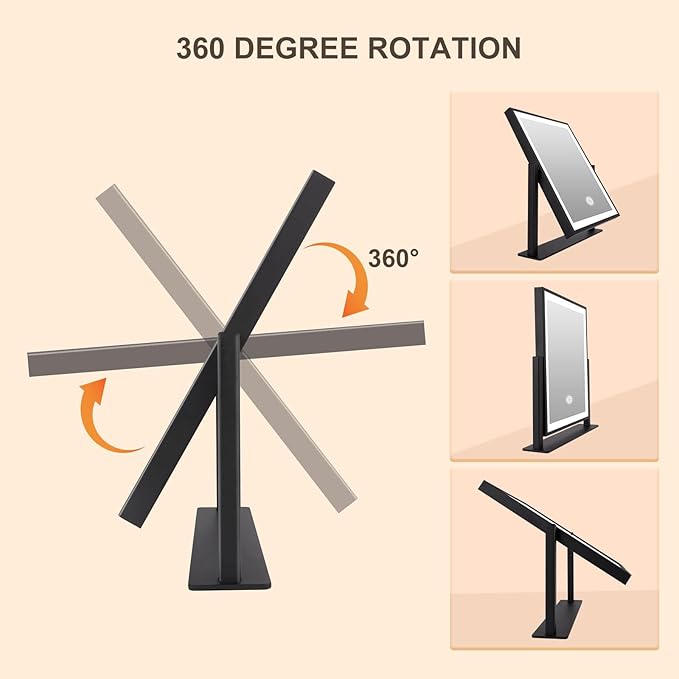 Beelux Hollywood Style Vanity Mirror - 12 in Black Makeup Mirror with Light, Dimmable Lights, Smart Control, Adjustable Warm White/Natural/Daylight, 360°Rotation for Makeup Enthusiasts