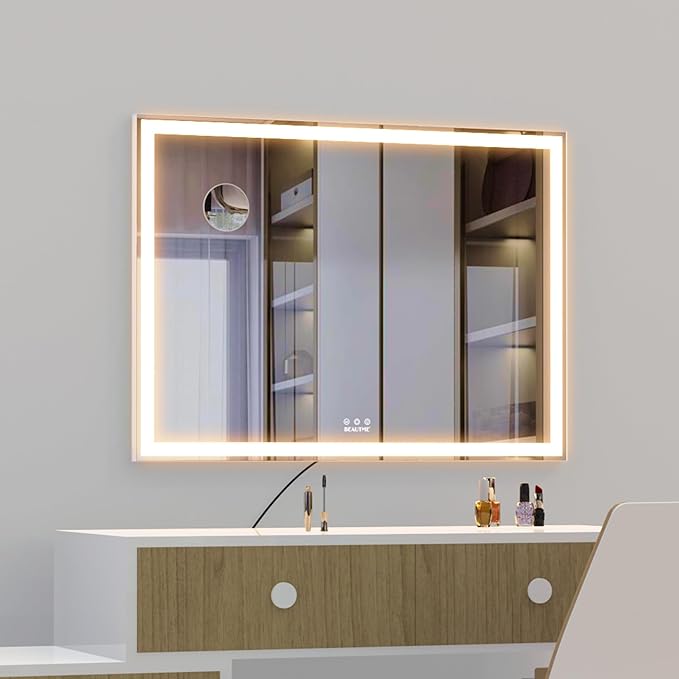 ANYHI Large Vanity Mirror with Lights, 36.2" x 26.8" Makeup Mirror with LED Lights, Tabletop or Wall Mount, 3 Color Modes, Dimmable, Touch Control, White