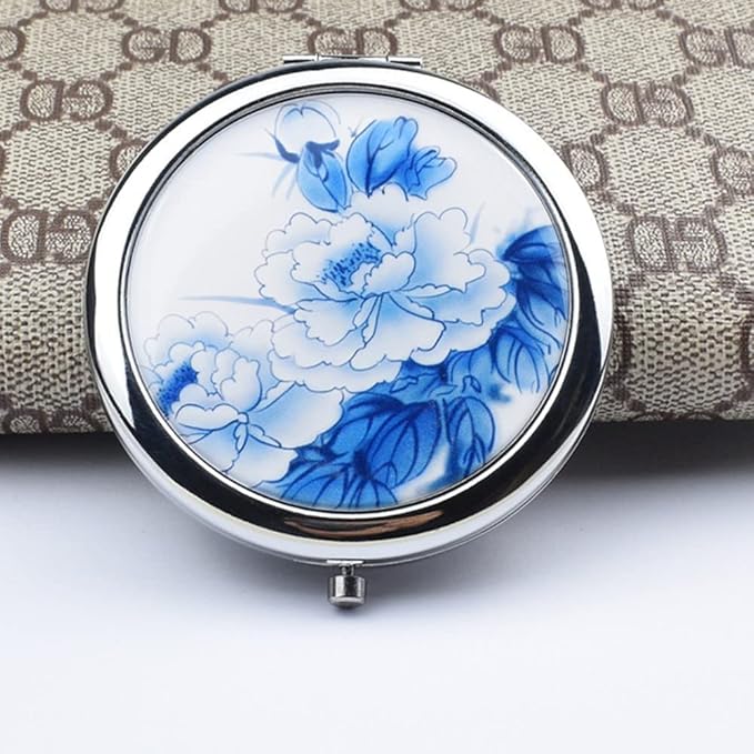Blue Magnifying Compact Mirror for Purse - 1x/2x Magnification Travel Makeup Mirror,Small Flower Pocket Mirrors,Handheld 2-Sided Portable Cosmetic Mirrors,Compact Mirror for Gift