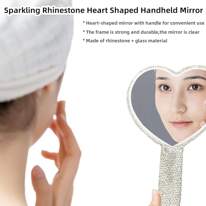 LOPURO Sparkling Rhinestone Heart Shaped Handheld Mirror, Rhinestone Handheld Heart Mirror Bling Glitter Cute Cosmetic Hand Mirror with Handle Portable Makeup Mirror for Women Travel
