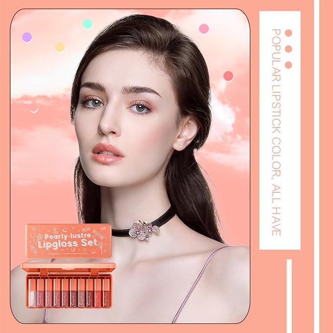 10 Colors Lip Tint Stain Set with Natural Fruits Design, Pearly Lustre Finish, Korean Plumping Lip Gloss Watery Lip Stain (Orange Box)