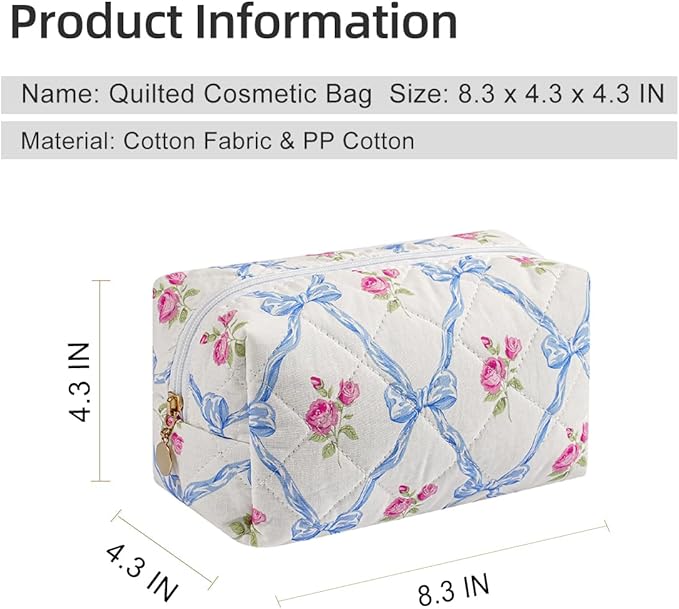 Gleyemor Small Quilted Makeup Bag for Women, Cute Floral Bow Cosmetic Bag, Emergency Bag Travel Toiletry Cotton Pouch Gifts for Girls Her Mom Friend Sister Bridesmaid (Blue Bowknot&Rose)