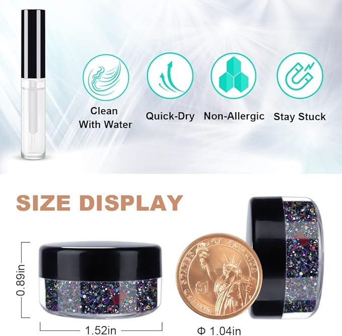 Black Holographic Chunky Glitter Cosmetic Body Hair Face Eye Nail for Festival Carnival Concert Party Beauty Rave Accessories Different Sizes&Shapes 2 Pots 14g/0.5oz+ Quick Dry Primer Glue Gel