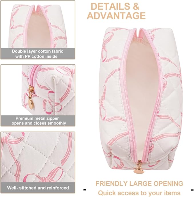 Gleyemor Small Quilted Makeup Bag for Women, Cute Floral Bow Cosmetic Bag, Emergency Bag Travel Toiletry Cotton Pouch Gifts for Girls Her Mom Friend Sister Bridesmaid (Big Pink Bow)