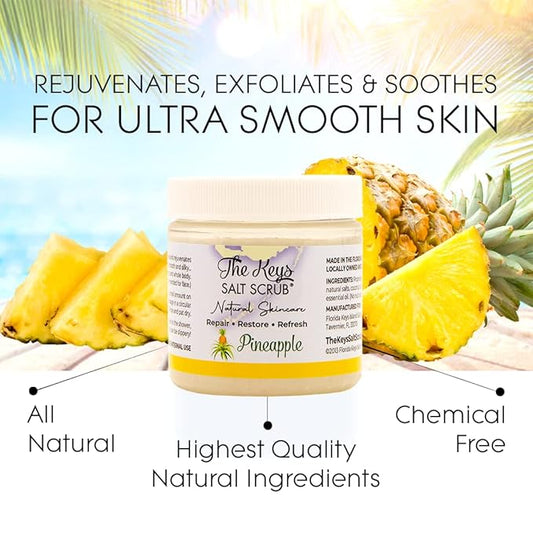 The Keys Salt Scrub - Exfoliating Body Scrub - scrub for hands, feet, butt, booty, bikini area, Made with Pure Florida Sea Salt Organic Essential Oils with Spoon(Pineapple, Travel Size, 3 pack 3.4 oz)
