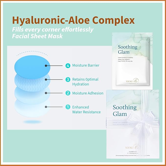 YoungMe Soothing Glam Facial Sheet Mask - 12 Sheets Face Masks | Korean Skincare - Deep Mask for Sensitive Skin or All Skin Types