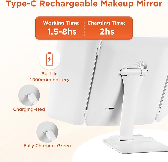 Travel Makeup Mirror, Rechargeable 1X/3X/5X Magnifying Trifold Makeup Mirror with Lights, 3 Color Lights, Touch Control Lighted Vanity Compact Mirror with Foldable Stand, White