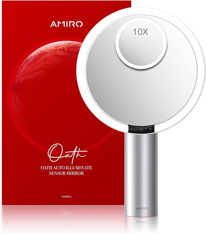 AMIRO 9" Lighted Makeup Mirror with Smart Sensor & Touch-Control, 3 Colors & 6 Brightness, Rechargeable & Cordless, Memory Function, Free Rotation, Gift for Woman - White