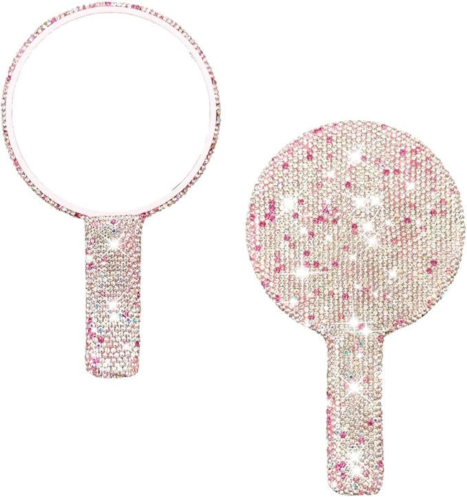 LOPURO Sparkling Rhinestone Round Shaped Handheld Mirror, Rhinestone Handheld Round Mirror Bling Glitter Cute Cosmetic Hand Mirror with Handle Portable Makeup Mirror for Women Travel