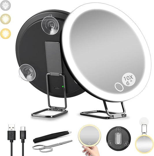 6" 10x Magnifying Mirror with Light Suction Cup,Led Close up Makeup Mirror with 360° Stand,3 Color Lighted Personal Mirror 10x,10 Times Functional Zoom Mirrors for Partial Details