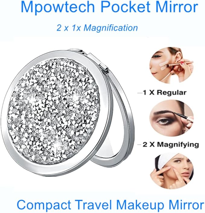 Magnifying Silver Compact Mirror - Mix Diamond Mirrors 1x/2x Magnification Travel Makeup Mirrors,Double Sided Small Pocket Mirror,Folding Purse Mirror,Cosmetic Mirror for Gift