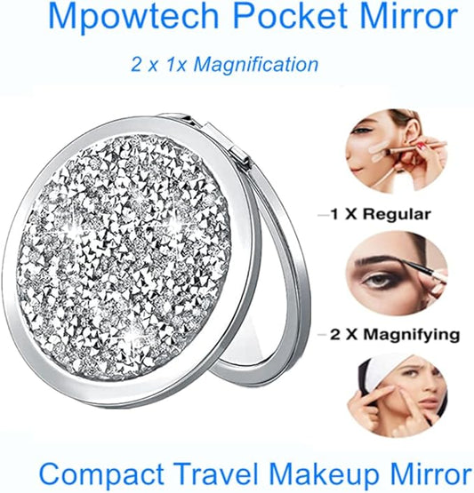 Magnifying Silver Compact Mirror - Mix Diamond Mirrors 1x/2x Magnification Travel Makeup Mirrors,Double Sided Small Pocket Mirror,Folding Purse Mirror,Cosmetic Mirror for Gift