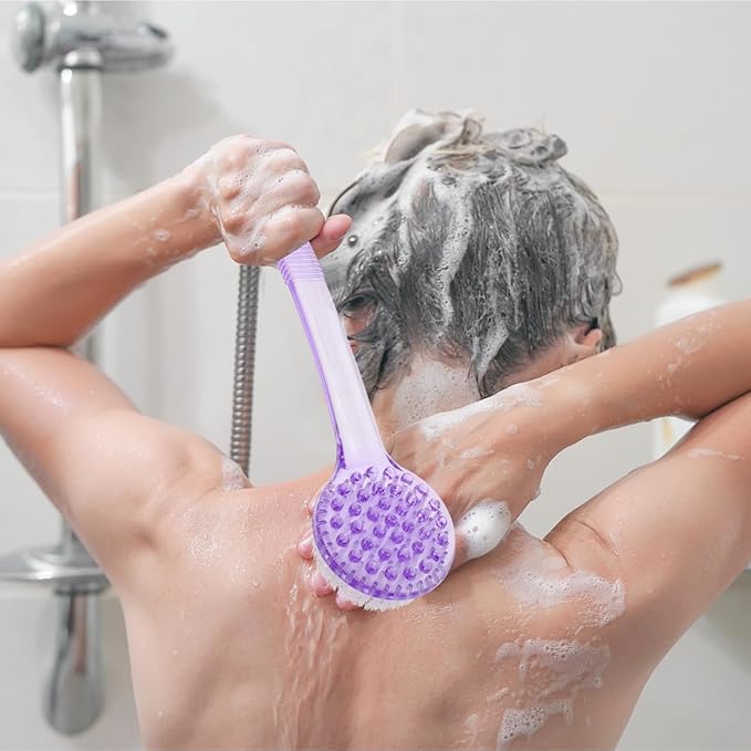 Back Scrubber for Shower, 3pcs Shower Brush Long Handle with Bristles for Skin Exfoliating Bath, Body Exfoliator Massage Bristles Suitable for Wet or Dry, Random Color