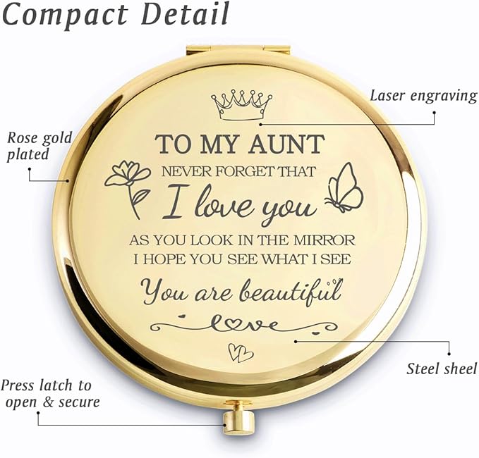 Aunt Gifts from Niece Nephew, Personalized Compact Mirrors, Unique Mothers Day Birthday Gifts for Aunt Auntie