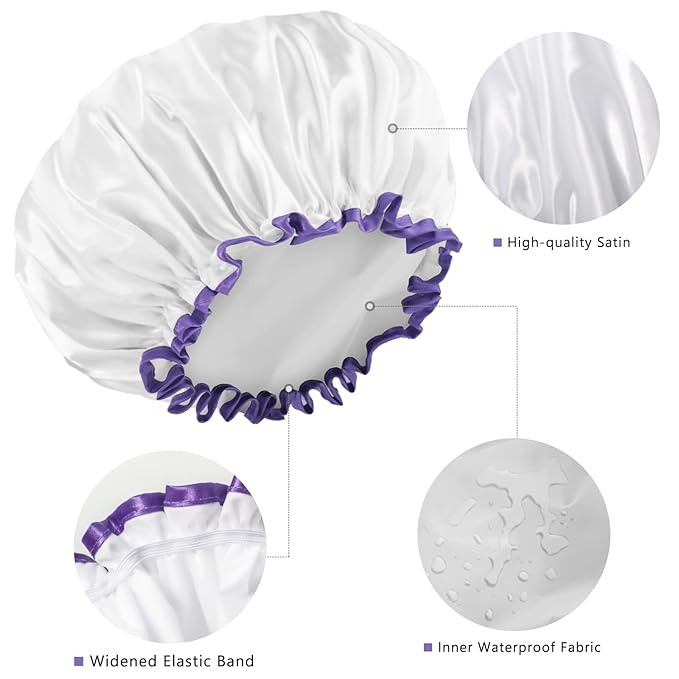 Aquior Shower Cap, Shower Cap for Women Reusable Waterproof, Large Bath Hair Cap for All Hair Lengths, Ladies, Men and Kids (White)