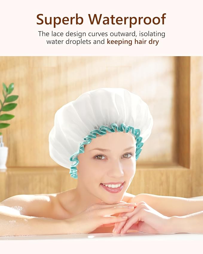 mikimini White Shower Caps for Women Long Hair,2 Pack,Large Size,Reusable,Waterproof Washable Hair Caps for Women and Girls, Super Cute and Extra Large