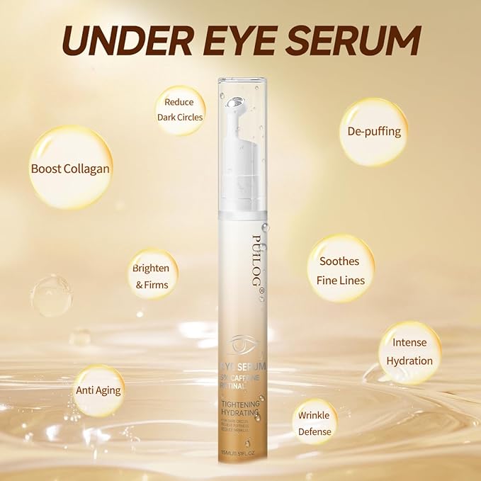 5% Caffeine Eye Serum with Retinal Peptides Hyaluronic Acid for Dark Circles Wrinkles & Eyelid Lift - Instant Morning Bags Depuffing - 360° Roller - Skincare Eye Cream for Women & Men (0.51 fl.oz)