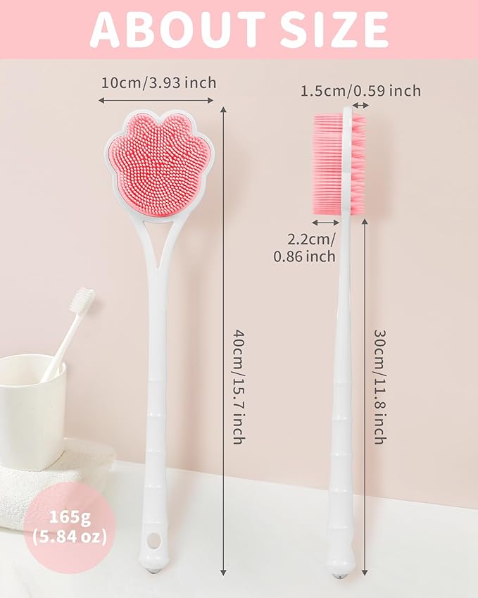 Manmihealth 15.7" Cute Silicone Back Scrubber with Long-Handle, Dual Use Back Brush for Shower with Super-Soft Silicone Bristles, Paw-Shaped Shower Body Scrubber for Sensitive Skin(Pink)