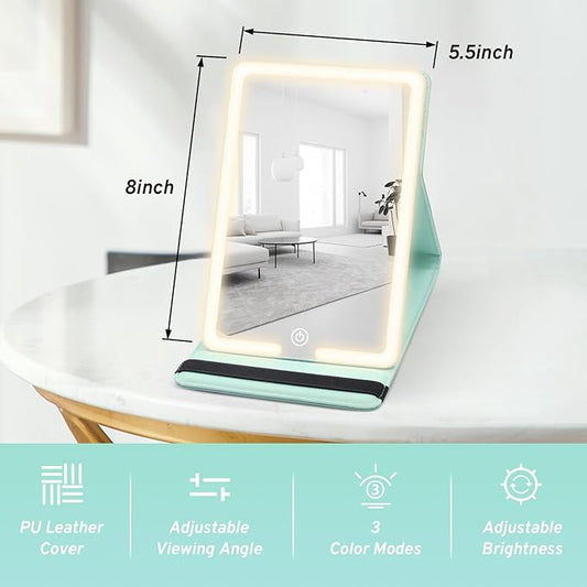 Travel Mirror with LED Lights - 8x5.5inch Lighted Makeup Mirror 3 Color Modes, Portable Vanity Mirror with Light of PU Leather, Desktop Cosmetic Light Up Mirror, Travel Accessories for Women