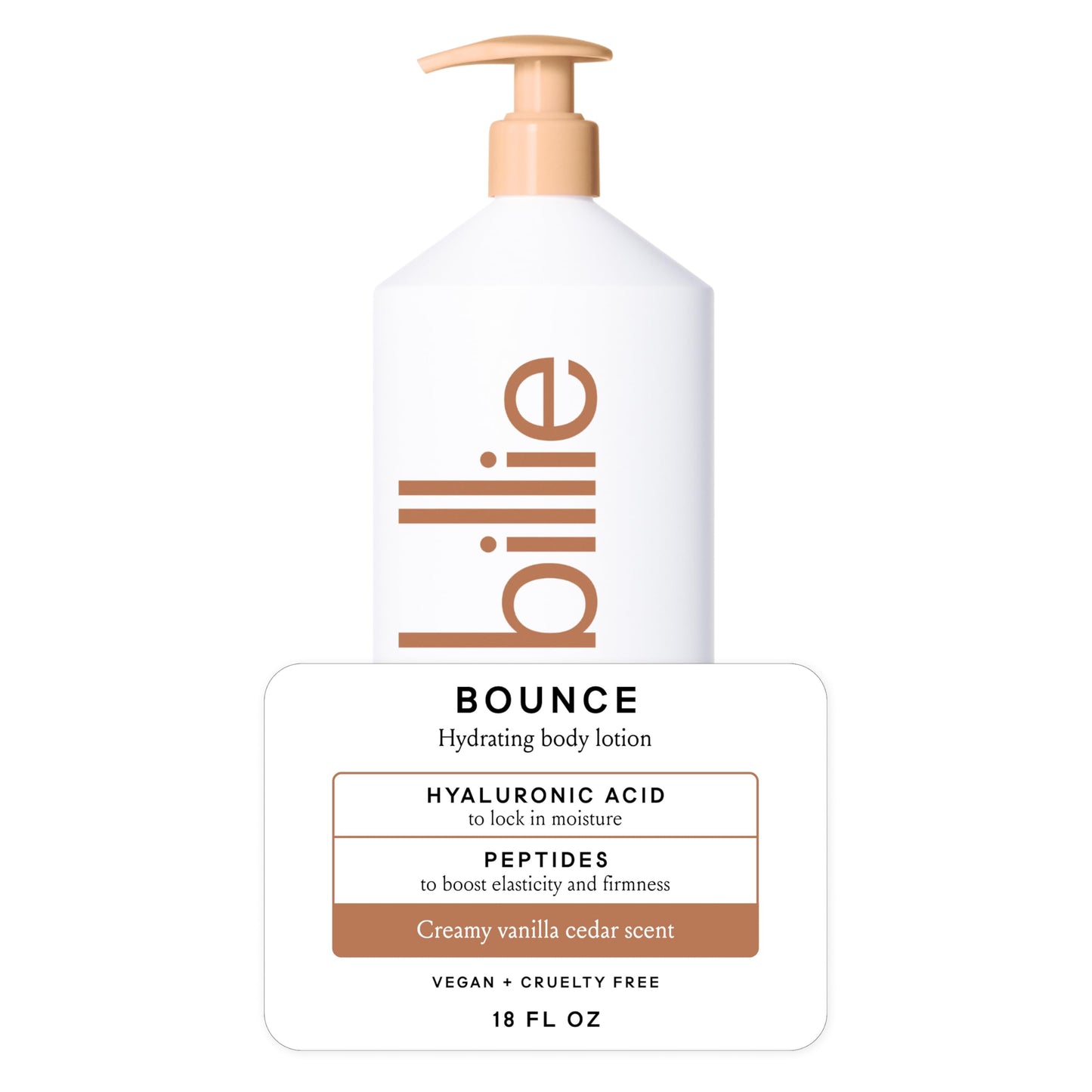Billie Bounce Hydrating Women's Body Lotion, Vanilla Cedar Scent, with Hyaluronic Acid, 18 fl oz