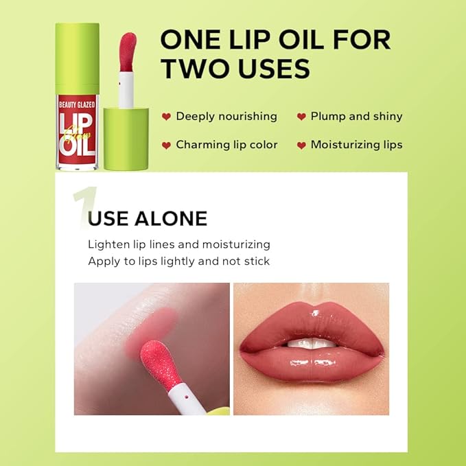 Beauty Glazed Big Brush Head Lip Oil, Ultra-Hydrating & Nourishing, Smooth Glossy Finish Lip Glow Oil, Shiny and Vegan Tinted Lip Gloss, Non-Sticky Formula (4, 101# 102# 105# 107#)