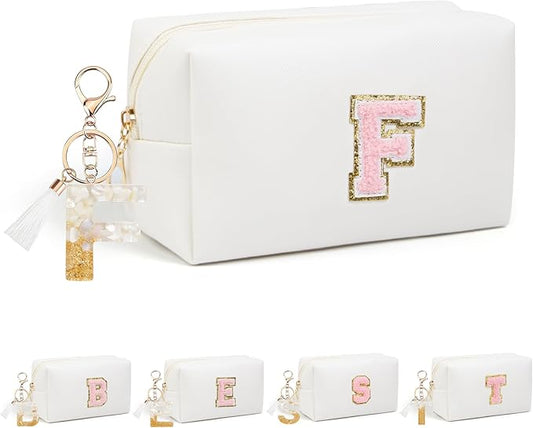 Birthday Gifts for Women Her,Travel Cute Makeup Bag,Large Capacity Cosmetic Bags for Women Makeup Pouch PU Leather Waterproof Cosmetic Bag (F, White)