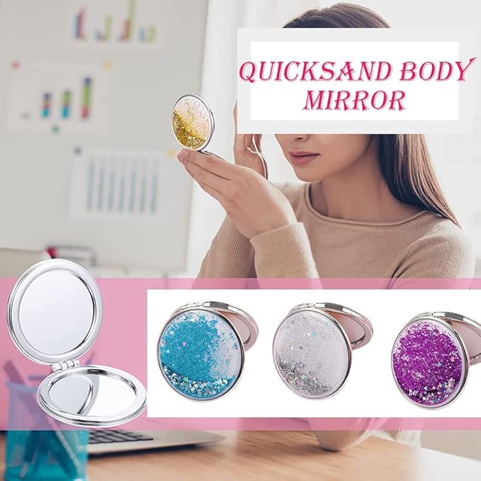 AKOAK 1 Pack Compact Mirror, Portable Quicksand Pocket Travel Makeup Mirror, Folding Hand-held Double Sided 1x/2x Magnifying Glass, Great Gift for Women and Girls (Glod)