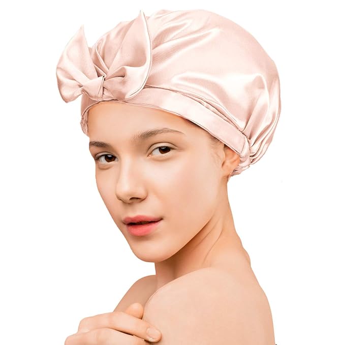 Auban Extra Large Shower Cap, Bowknot Double Layer Reusable Bath Hair Caps With Silky Satin for Women Beauty Bathing, Hair Spa, Home Hotel Travel Use (Beige)