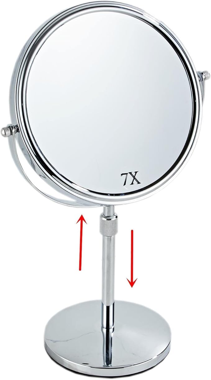19 Inch Tabletop Makeup Mirror 8 Inch Double-Sided 7X Magnification, High Adjustable Mirror with Pedestal for Bathroom, Standing Chrome Finish (Silver)