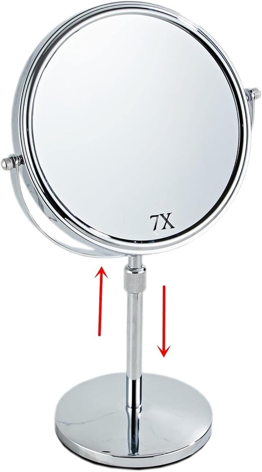 19 Inch Tabletop Makeup Mirror 8 Inch Double-Sided 7X Magnification, High Adjustable Mirror with Pedestal for Bathroom, Standing Chrome Finish (Silver)