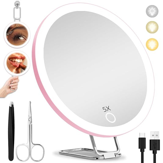 5X Magnifying Mirror with Lights, 5X Makeup Magnification 6inch Magnified Mirror Large Travel Lighted Magnification with Adjustable Table Stand & Suction Cups - Included Tweezers & Scissors Set