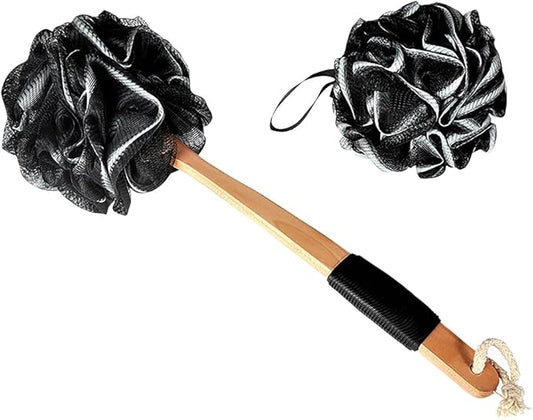 2 Pcs Back Scrubber Shower Loofah Puff Back Bath Sponge Exfoliating Shower Sponge Shower Skin Brush Body Scrubbing Sponge with Long Wooden Handle