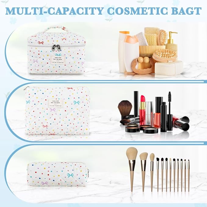 3Pcs Cotton Quilted Makeup Bag Set,Large Floral Cosmetic Bag，Aesthetic Toiletry Travel Makeup Bag Set and Cute Flower Bag for Women Girls (Apricot Colored Dot)