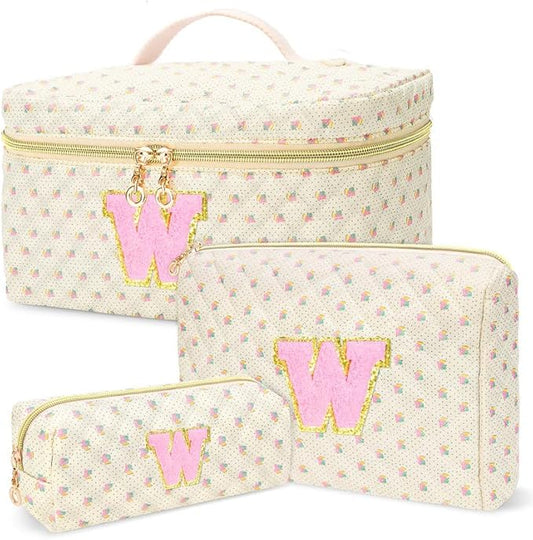 3 PCS Travel Makeup Bag Set, A-Z Initials Cotton Make up Bag Floral Quilted Cosmetic Bag for Girls and Women, Personalized Cute Toiletry Bag Travel Accessories Brushes Bag Yellow - W